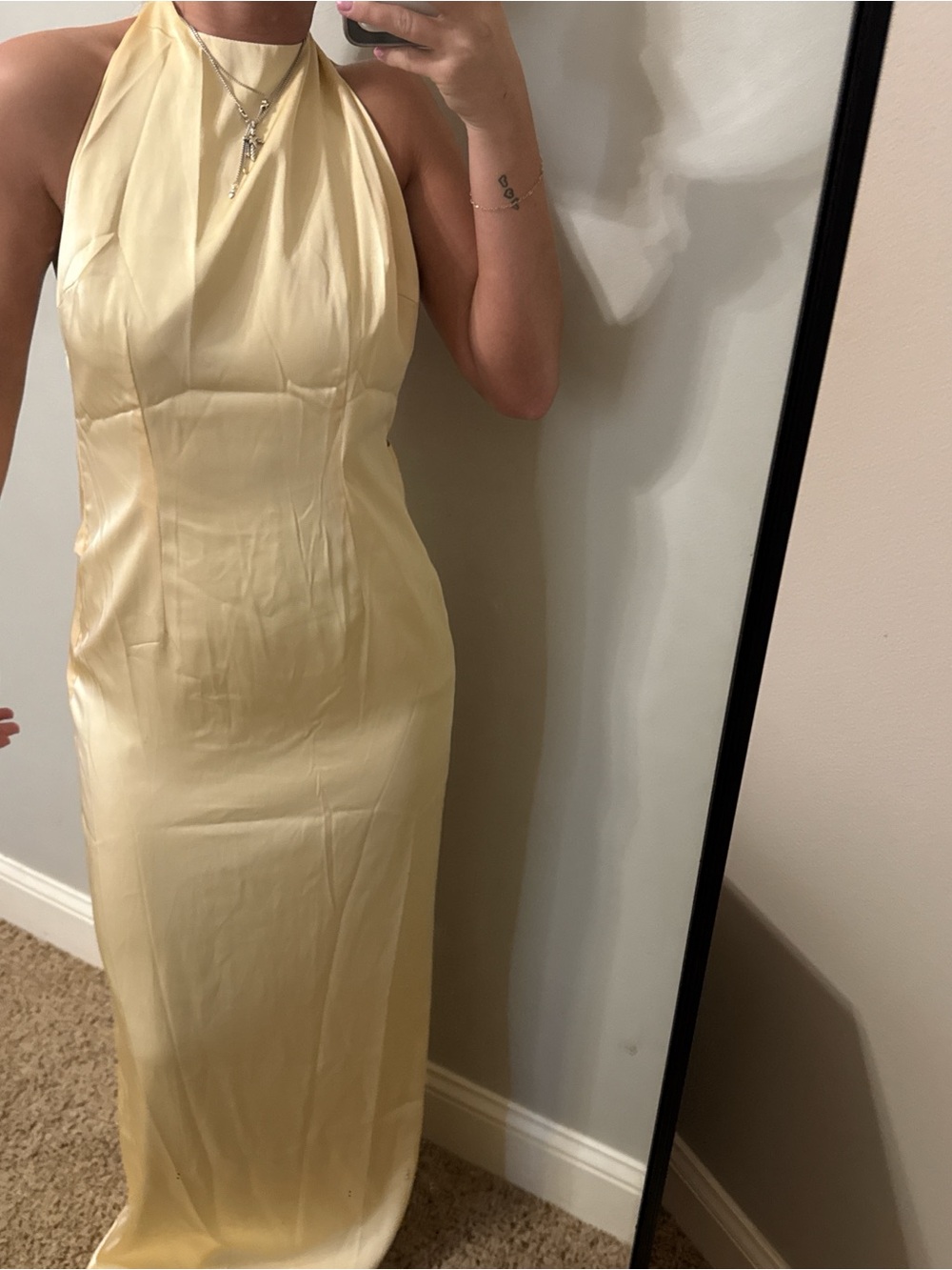 PrettyLittleThing Halter Satin Maxi Dress in Pale Yellow